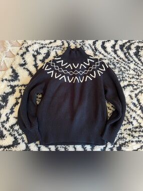 Varley Black Ribbed Mock-Neck Sweater with White Fair Isle Yoke - M